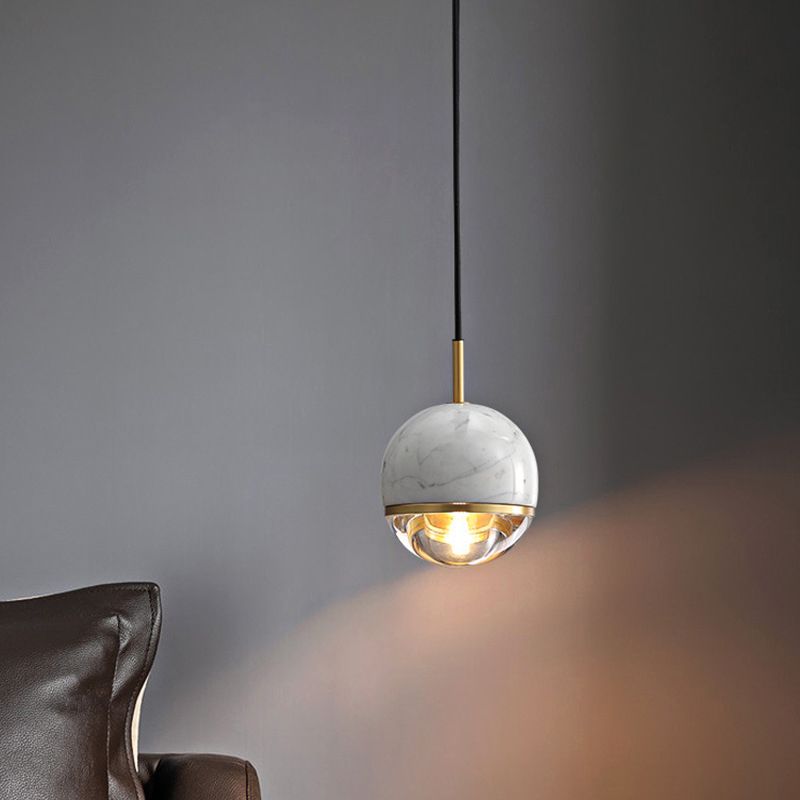 Modern Style Spherical Hanging Light All Copper Marble 1 Light Pendant Lamp for Bedside