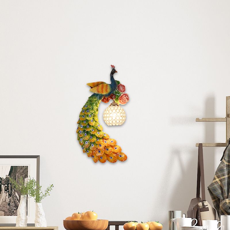 1/2-Pack Blue/Green Peacock Wall Light Fixture 8"/10" Wide 1 Head Retro Style Resin Wall Lamp with Crystal Global Shade, Left/Right