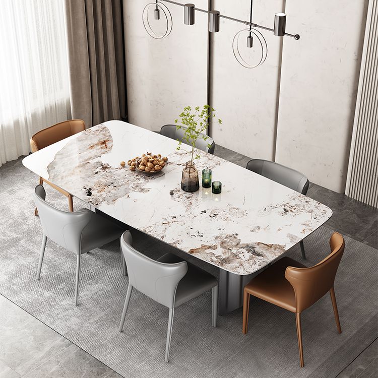 Modern Rectangular Stone Top Dining Table Double Pedestal Metal Base