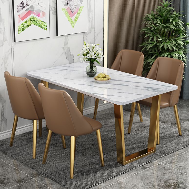 Metal Traditional Luxury Rectangle Table intérieure Table de pierre fritrée blanche avec base de traîneau