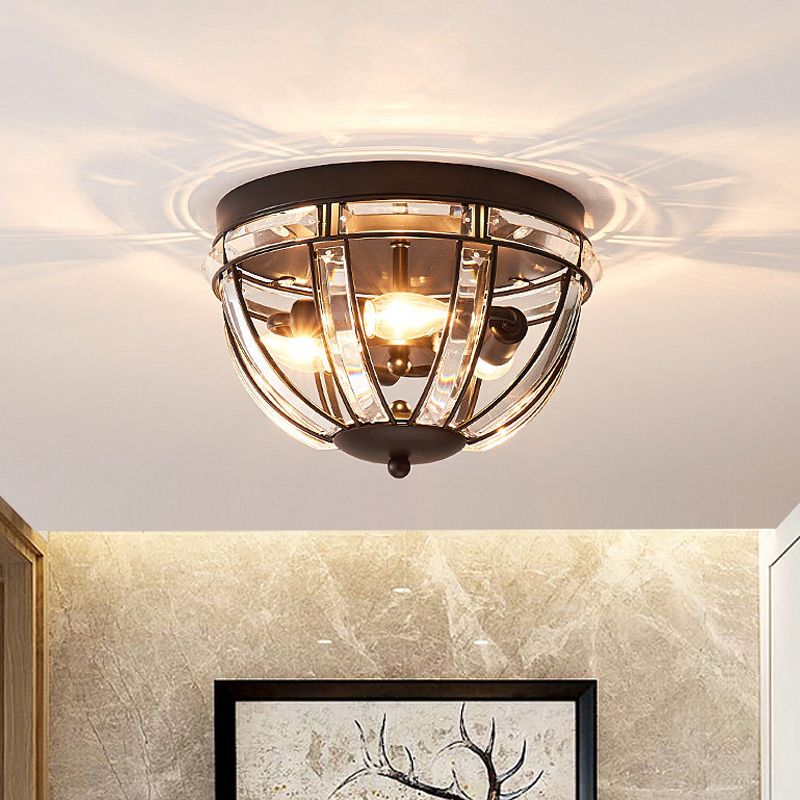 Dome Corridor Ceiling Fixture Rectangle-Cut Crystal 3 Bulbs Simplicity Flush Mount Light in Black/Gold