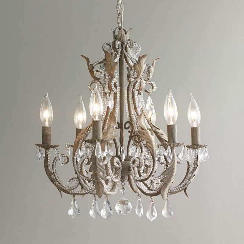 French Country Candle Chandelier 6 Lights Crystal Wrapped Hanging Light in Antiqued Grey