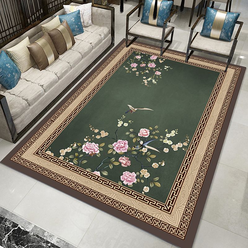 Dark Color Asia Area Rug Polyester Ink Branch Print Rug Non-Slip Backing Indoor Rug for Living Room