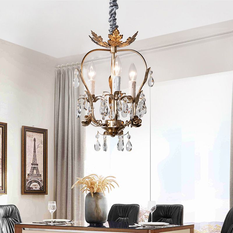 Chandelier en cage en cage en fer clair de fer 3 têtes suspendues avec cristal et déco de feuilles en rouille foncée