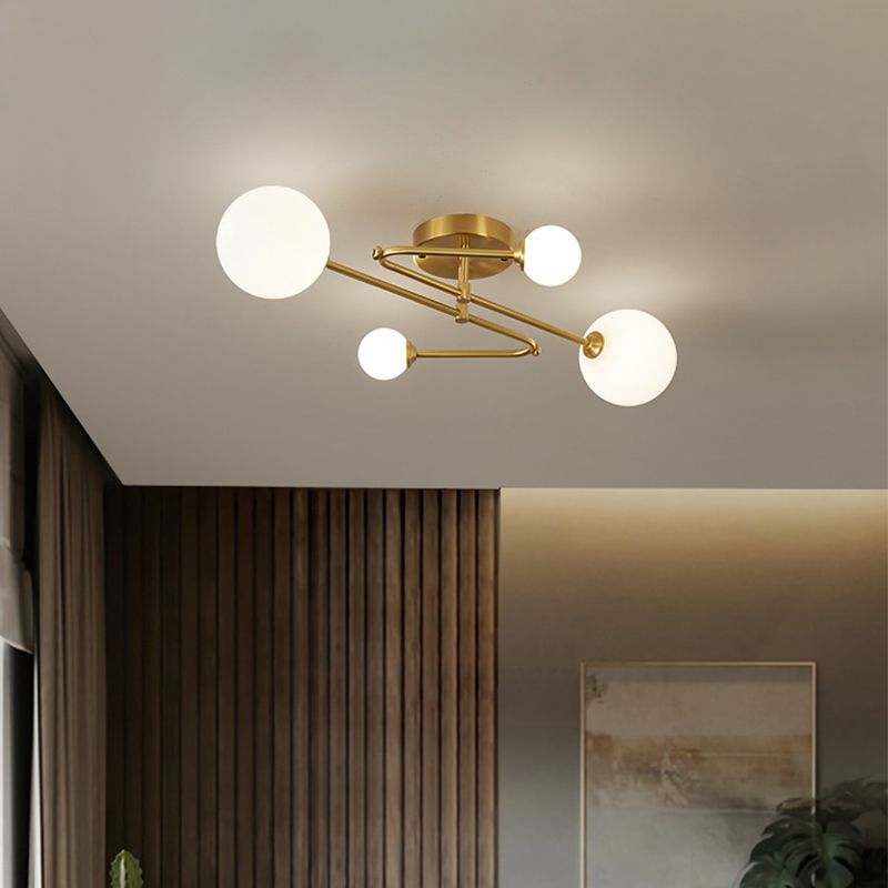 Orb Semi Mount Lighting Simple Salon en Verre Opalin Près du Plafonnier en Or