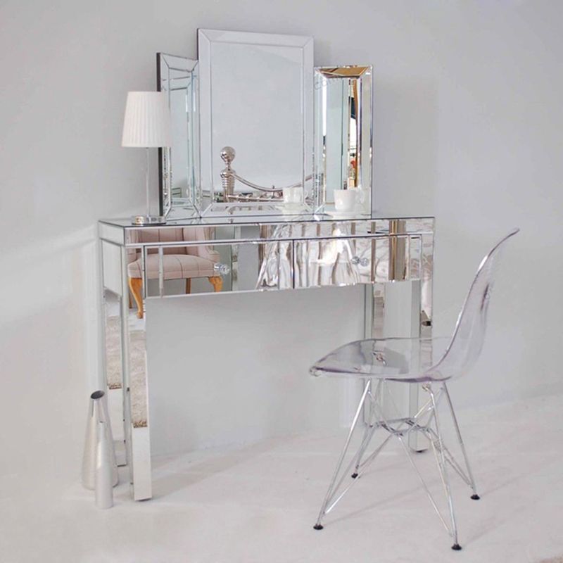 Glass Vanity Set with Tri-Fold 13.77" Wide Make-up Vanity with 2 Storage Drawers