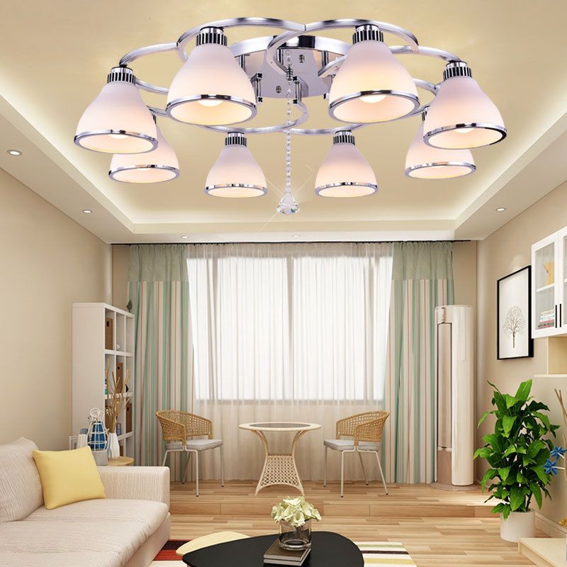Contemporary Conical Opal Glass Semi Flush Light Crystal 8 Lights Living Room Semi Flush Mount in Chrome
