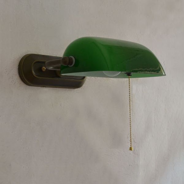 Green Banker Wall Light without/with Pull Chain Tiffany Stained Glass 1 Head Wall Mount Fixture for Bedside