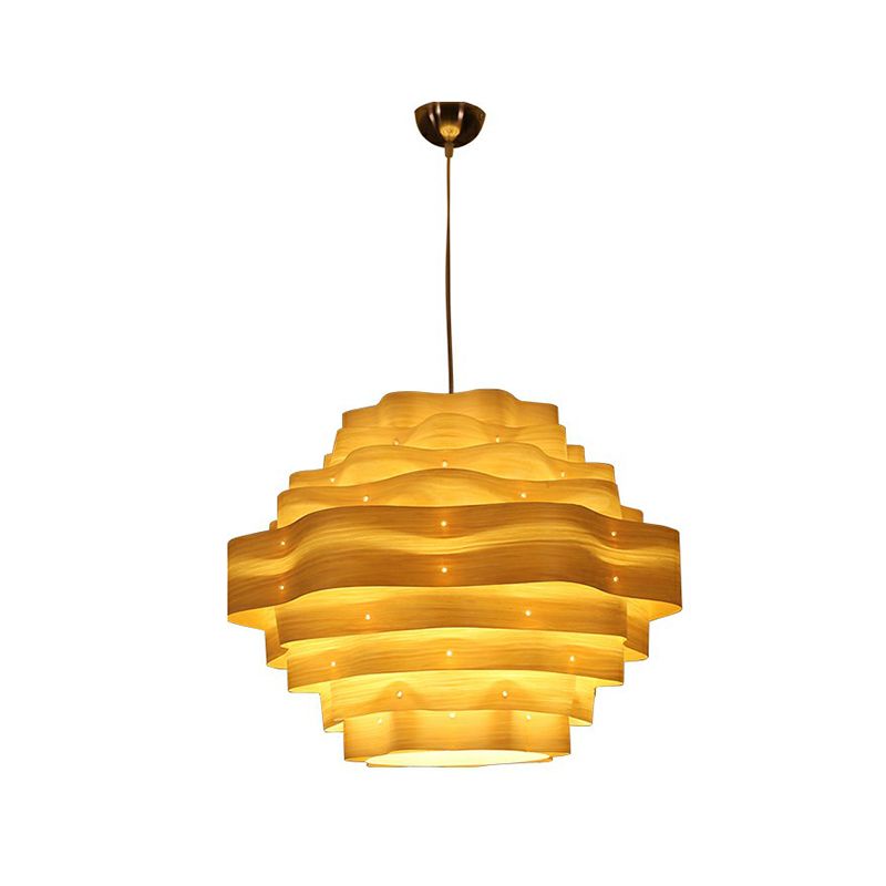 Modern Wavy Shade Pendant Lighting Wood Veneer 1 Bulb Restaurant Hanging Lamp Kit