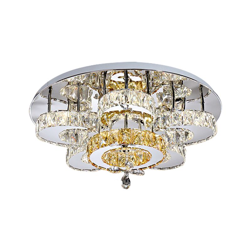 LED Bedroom Semi Mount Lighting Minimalism Chrome Ceiling Fixture with Floral Crystal Block Shade
