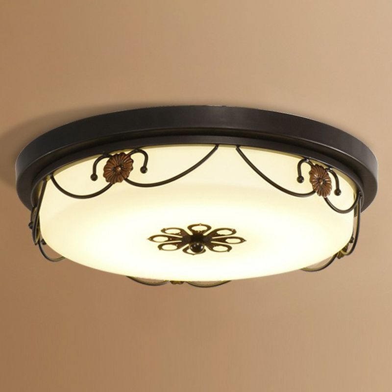 Drum Shaped Opal Glass LED Flush Ceiling Light Vintage Bedroom Flush Mount Lighting Fixture with Floral Decor in Black
