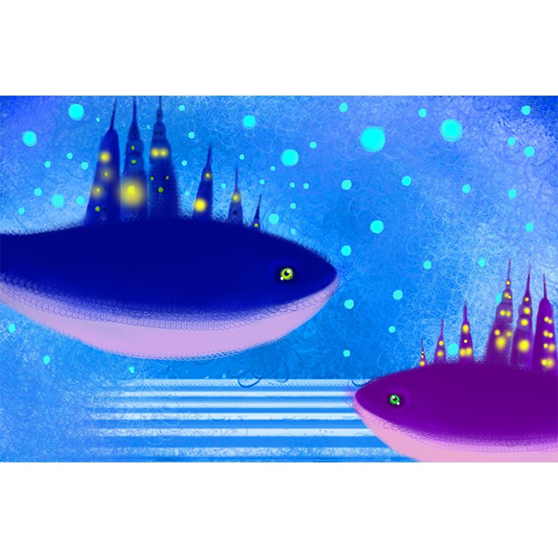 Huge Whale Castle Wall Mural Blue-Purple Non-Woven Wall Decor, Stain Resistant, Custom Print