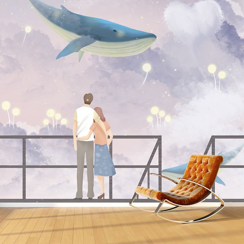 Cartoon Whale and Lover Mural Purple-White Bedroom Wall Covering, Personalized Size
