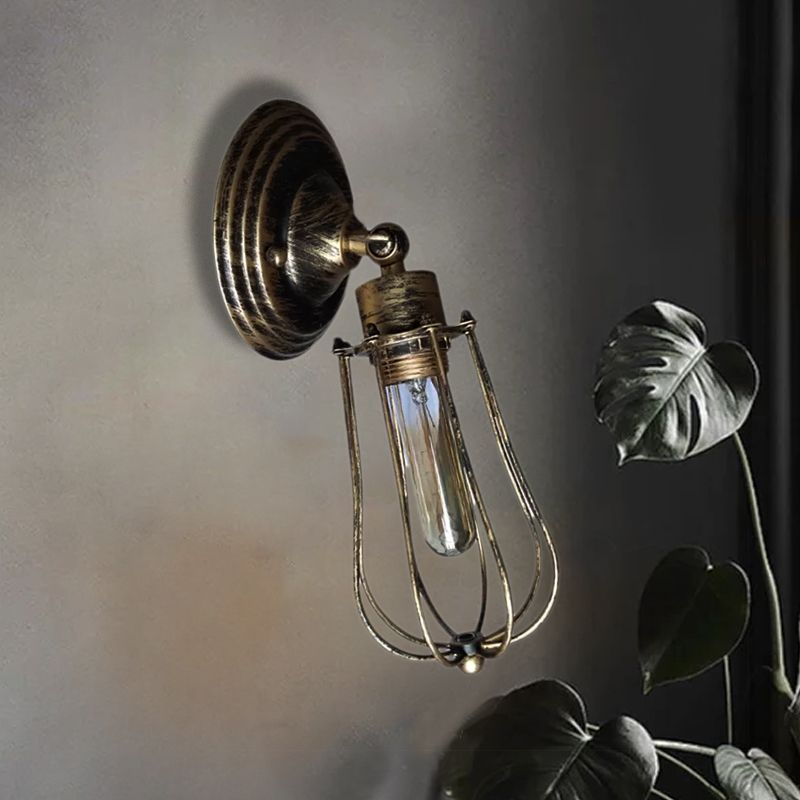 1 Head Wire Guard Wall Light Sconce with Bulb Shade Industrial Aged Brass/Antique Silver Iron Wall Lamp for Restaurant
