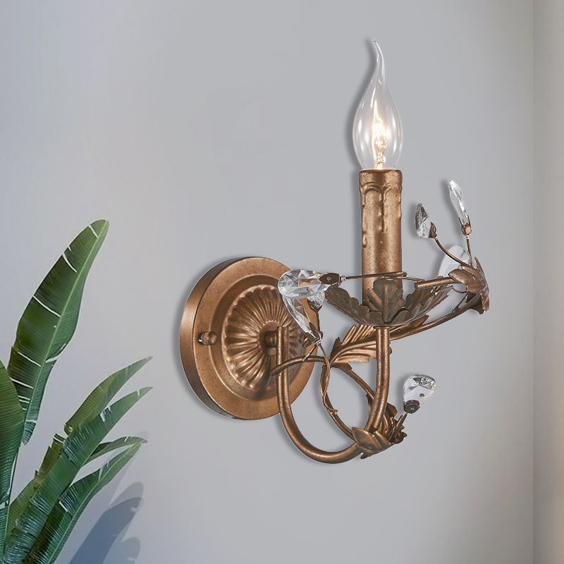 Vintage Candle Wall Sconce Light 1 Light Brass Metal Wall Mount Light with Crystal Accent