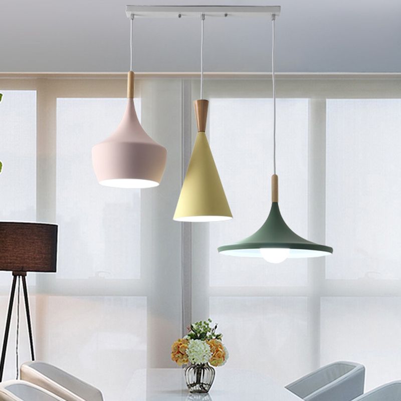 Pink-Yellow-Green Shaded Pendant Lamp Macaron 3-Light Metal Multiple Hanging Light for Dining Room