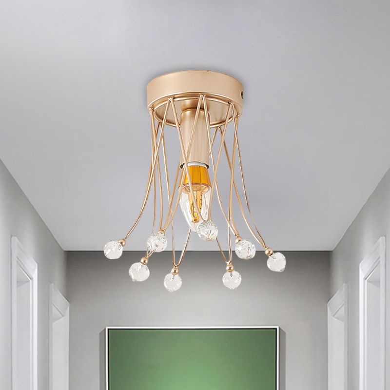 Brass Crown Semi Flush Mount Minimalist 1/3-Light Metal Ceiling Lighting with Crystal Orbs Design