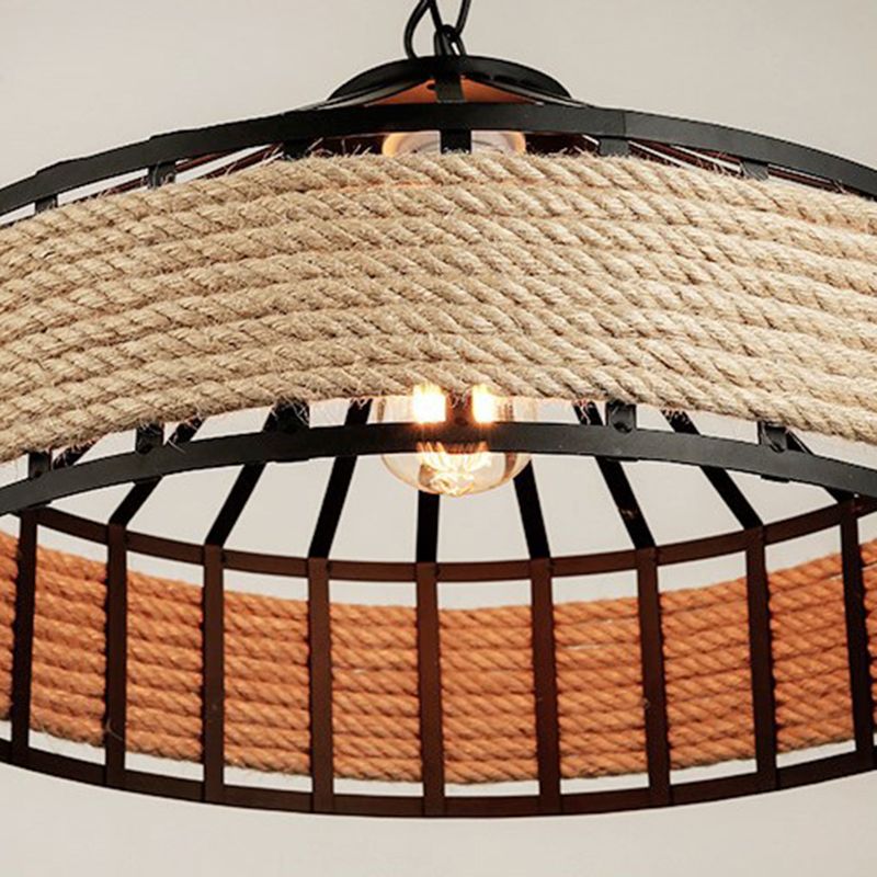 Industrial-Style Drum Pendant Lighting Fixture Rope Hanging Pendant Light in Beige