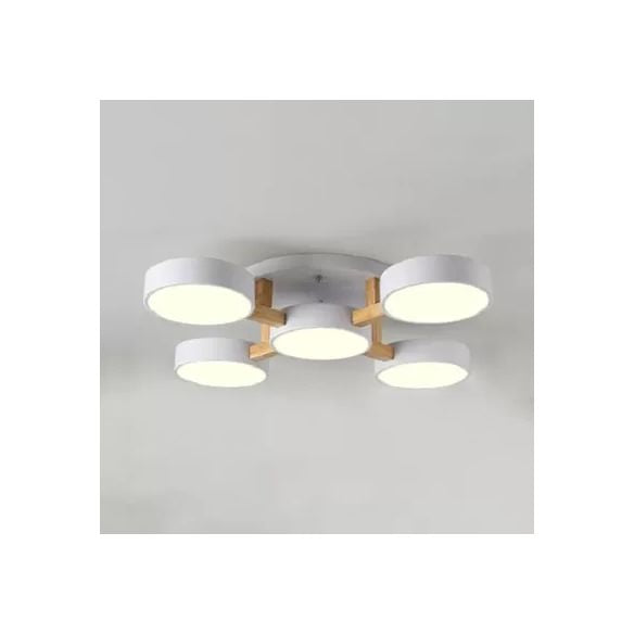 Living Room Drum Ceiling Light Wood Metal 5 Heads Macaron Loft Semi Flush Mount Light