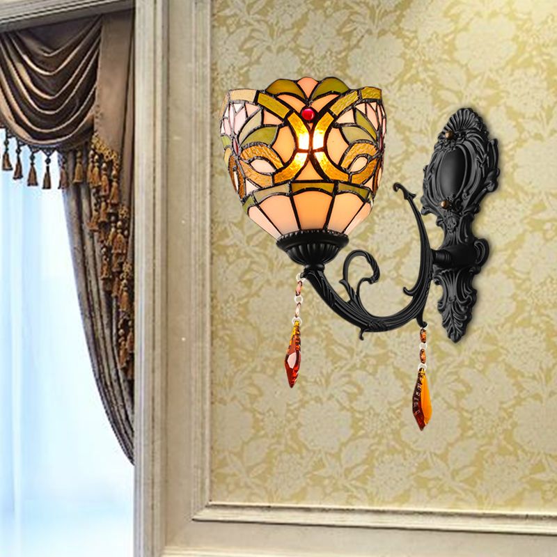Lodge Bowl Shade Wall Sconce Lighting Fixture Stained Glass 1-Light Crystal Lighting Fixture