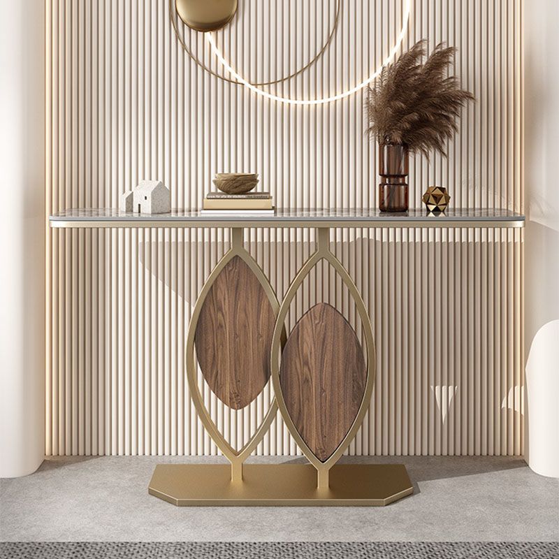 Glam Iron Console Sofa Table Half Moon Stone Console Accent Table for Hall