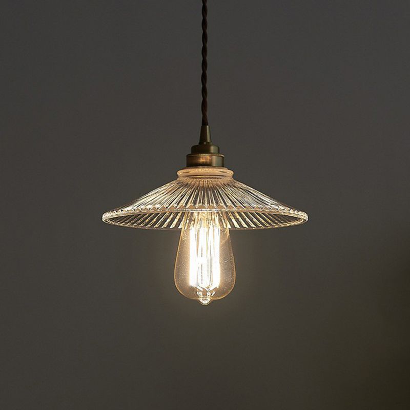 Cone Clear Ribbed Glass Hanging Lamp Vintage Single-Bulb Dining Room Lighting Pendant