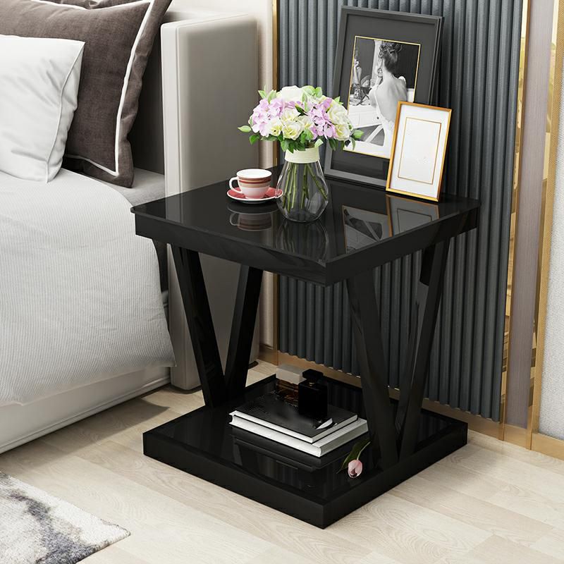 Modern 23.22" Tall Square Glass Top Side Table Steel Trestle Base End Table with Shelf