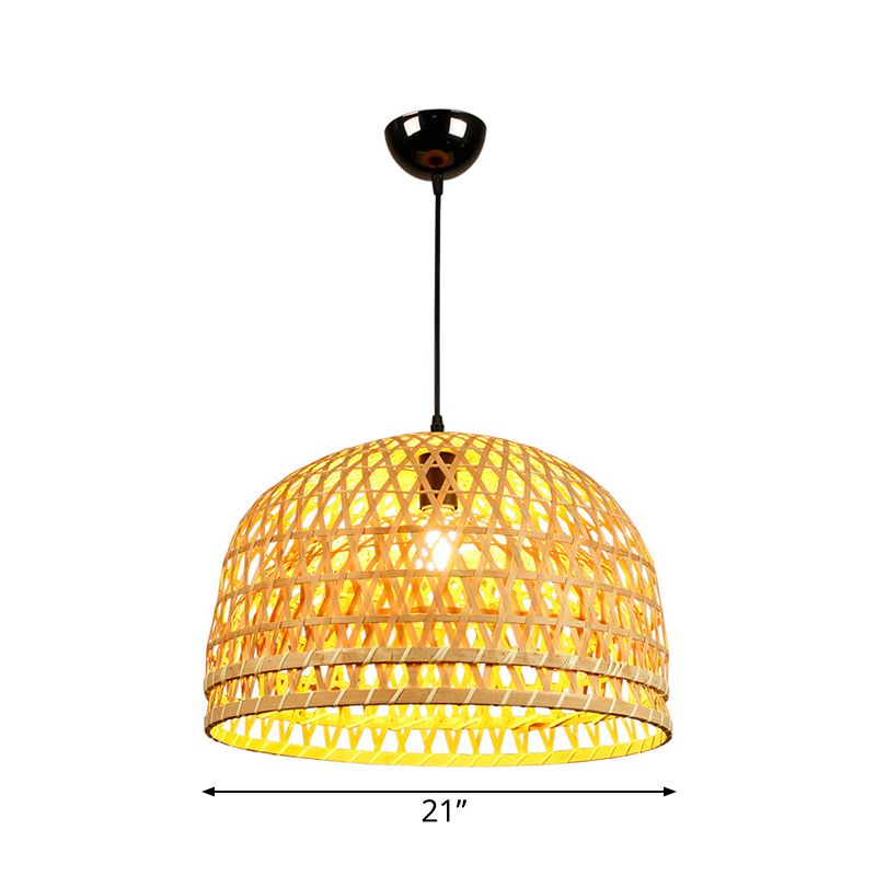 Brown/Wood Dome Shade Hanging Light Modern Style 13"/21" Dia 1 Light Bamboo Pendant Lamp for Restaurant