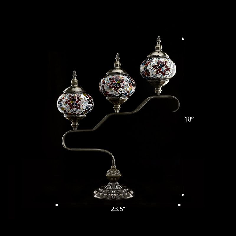 3 Heads Stained Glass Night Light Mediterranean Red/Orange/Blue Tower Bedroom Table Lamp with Step Design