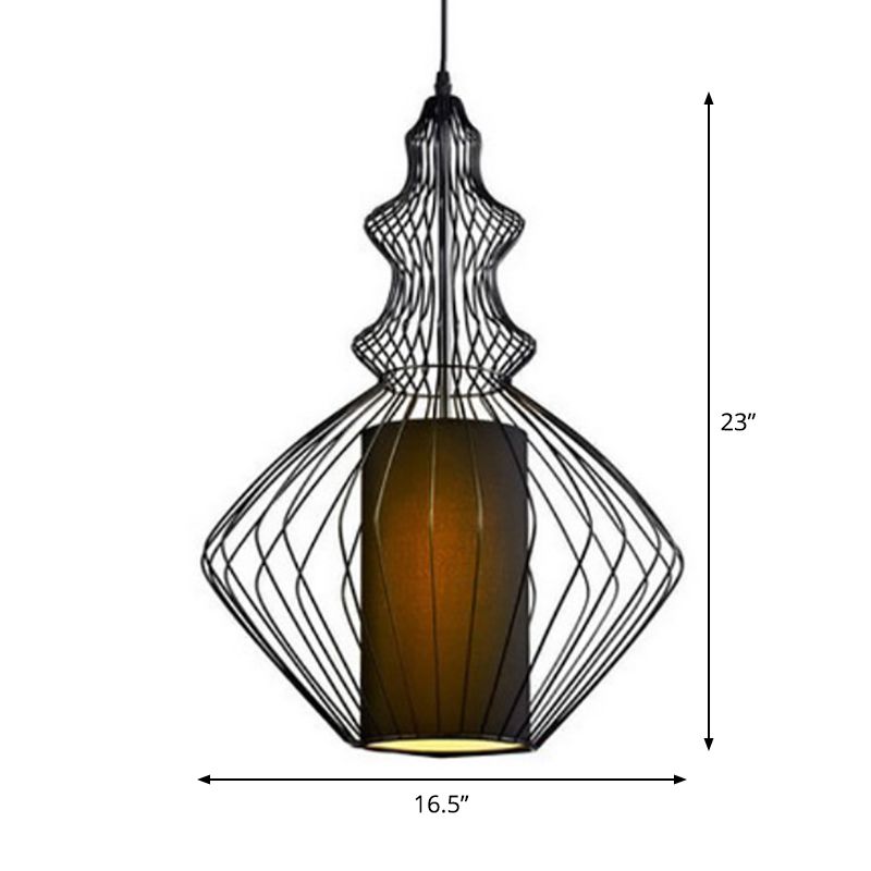 Gourd Shaped Iron Pendant Lighting Retro 1 Bulb Dining Room Ceiling Hanging Lantern with Fabric Shade Inside in Black