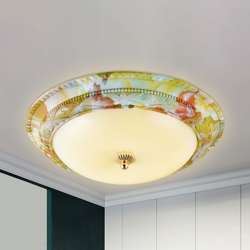 White-Green Tiered Ceiling Lamp Rustic Opal Glass Living Room LED Flush Mount Light Fixture, 14"/16"/19.5" W