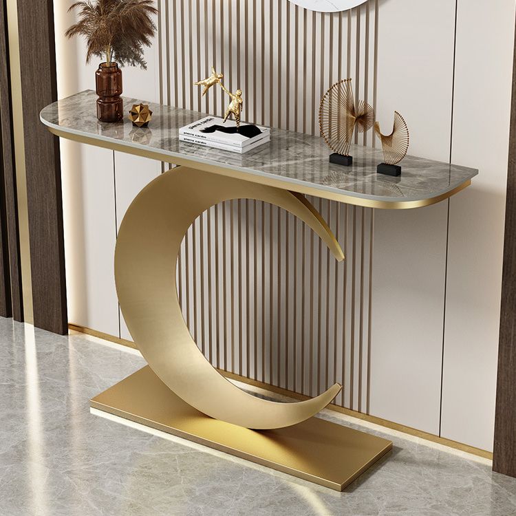 Modern Stone Console Accent Table Half Moon Iron End Table for Hall