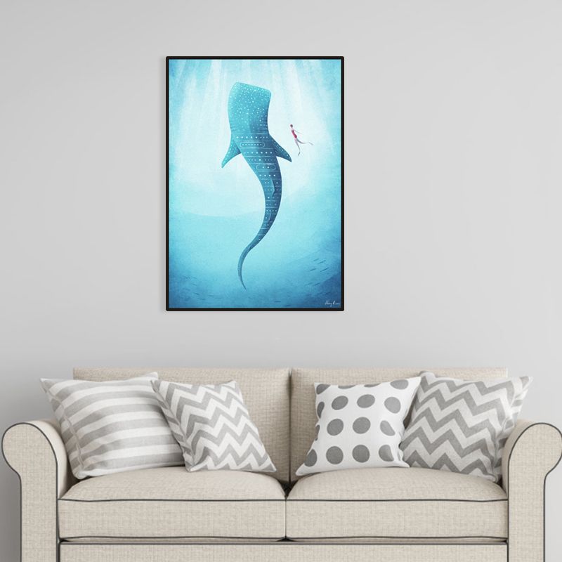 Giant Whale and Diver Wrapped Canvas Children's Art Marine Animal Painting in Blue