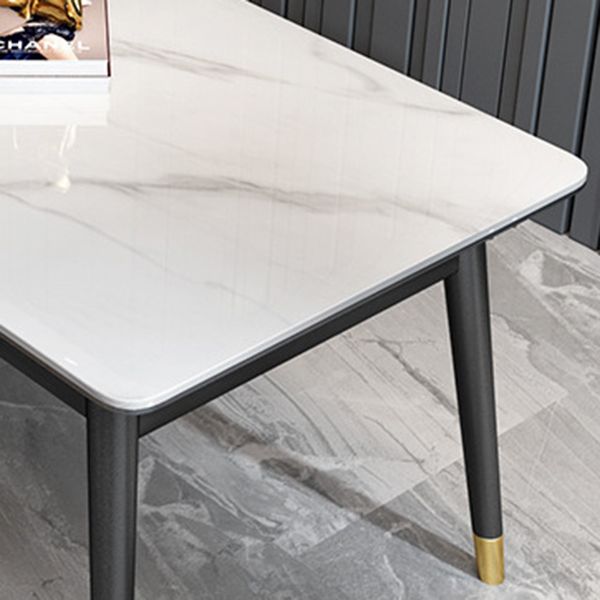Stone Top Dining Table Modern Rectangle Table with 4 Metal Legs in Black