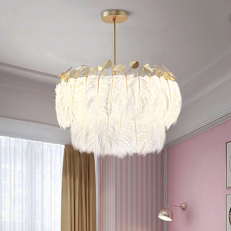 Round Chandelier Light Fixture Postmodern Feather White Hanging Lamp for Bedroom