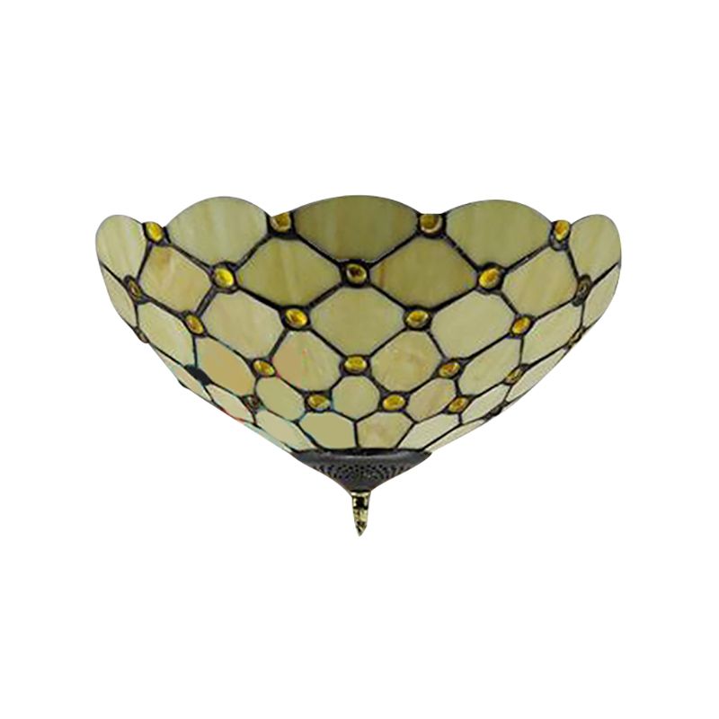 Beige / Black Bowl-Shaped Ceiling Light Fixture Tiffany Stained Glass 1/2 Lights Flushmount Ceiling Light