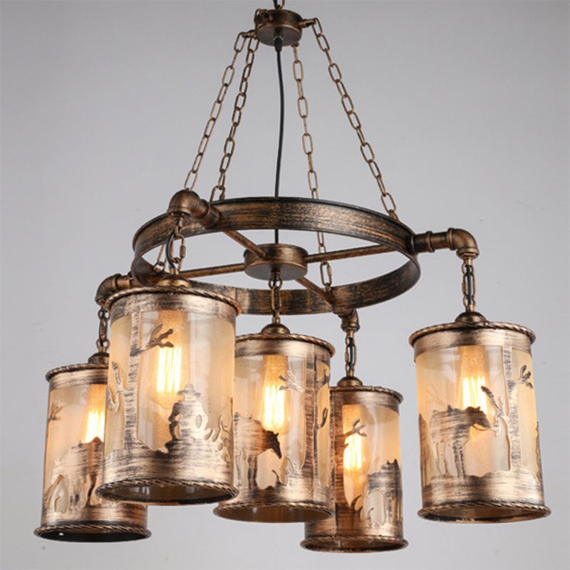 Antiquise Bronze Cylinder Shade Chandelier Lampe Coastal Metal and Fabric 5/7 Lumières Salon Hanging Light