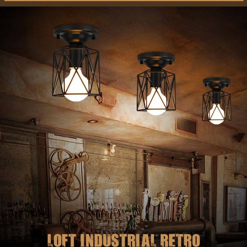 1 Light Semi Flush Chandelier Retro Industrial Style Metal Ceiling Mount Light Fixture for Hallway