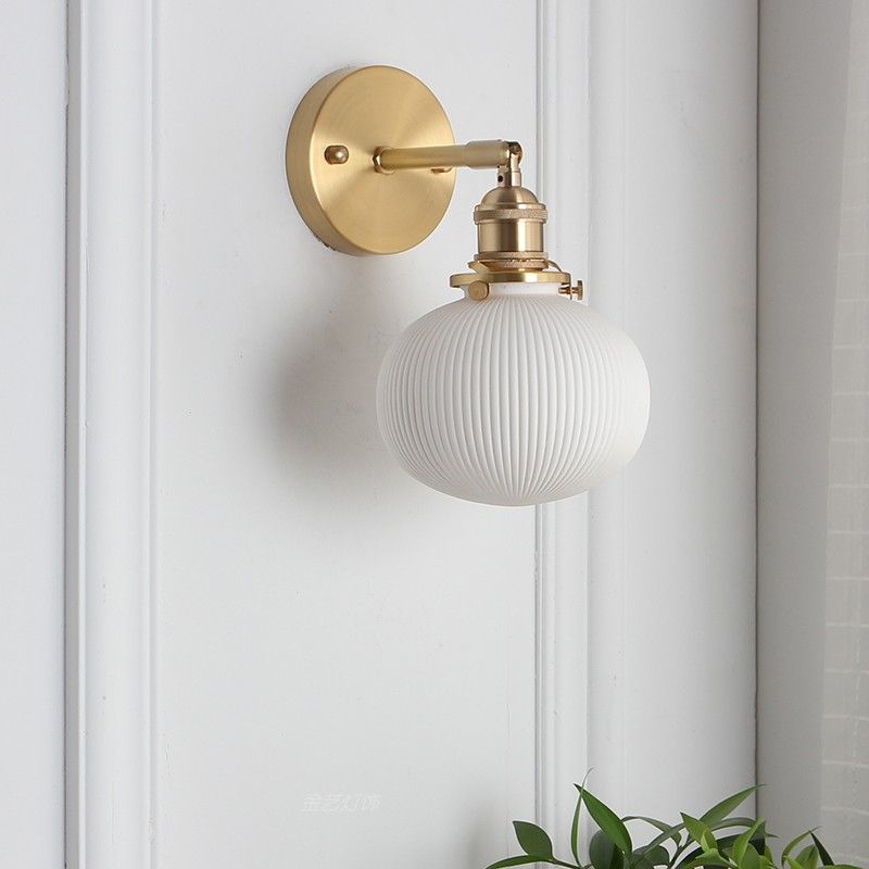 Elliptical Ribbed Ceramic Wall Light Kit Country Style 1 Head Kitchen Rotatable Wall Mounted Lamp in Brass