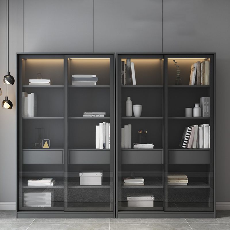 Faux Wood Modern Storage Cabinet Glass Sliding Doors Display Cabinet for Living Room