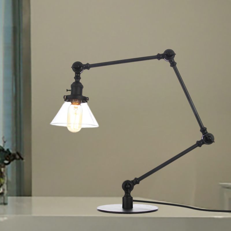 Table conique de style industriel clair Ambre / verre transparent et métal 1 lampe de table de chambre à coucher légère avec bras réglable en noir / laiton