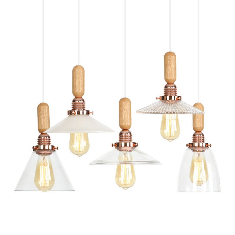1-Light Saucer/Bell Shade Hanging Lamp Rustic Rose Gold Clear/Clear Ribbed Glass Ceiling Pendant with Wood Handle