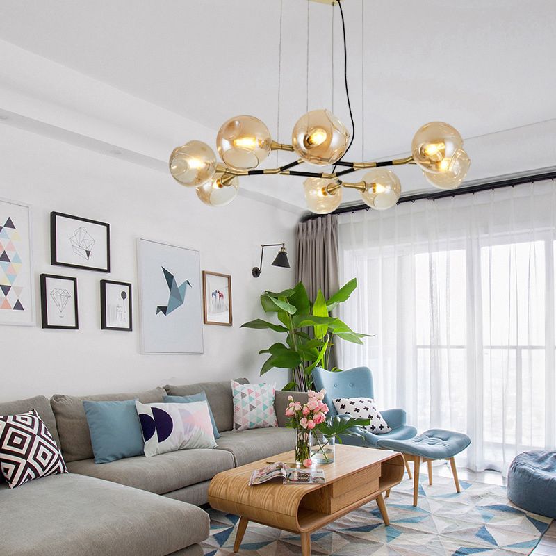 Glass Round Shape Chandelier Light Modern Style 8 Lights Chandelier Light Fixture in Gold