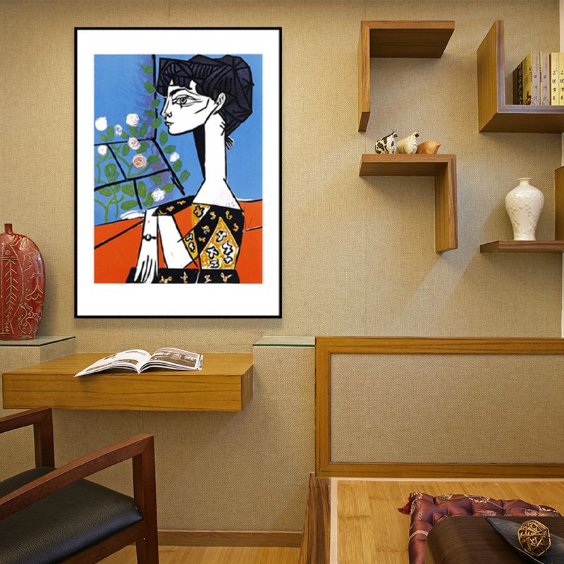 Woman and Flower Wall Art Print Blue Canvas Painting Textured for Living Room (Multiple Sizes)