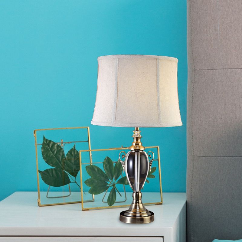 Cream Gray 1 Light Night Table Lamp Simple Fabric Paneled Bell Nightstand Light with Crystal Deco