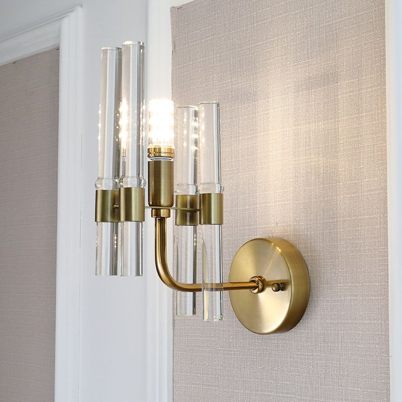 1 Light Armed Wall Sconce Modern Metal Wall Lamp with Clear Crystal Pipe in Gold Finish for Hallway