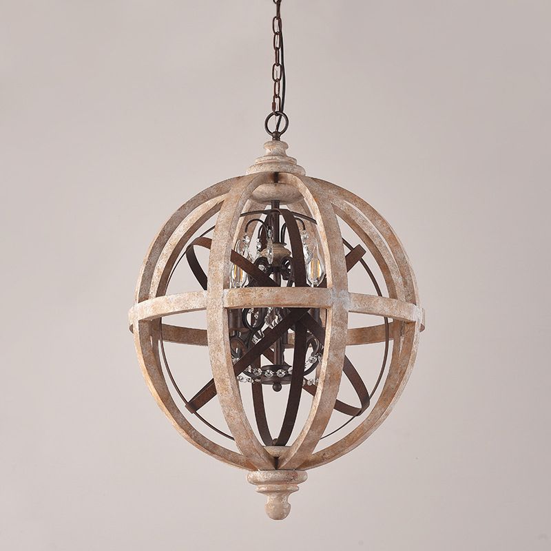 5-Light Wood Drop Pendant Classic Ared White Globe Cage Cage Chandroom Chandelier Lighting avec accent cristallin