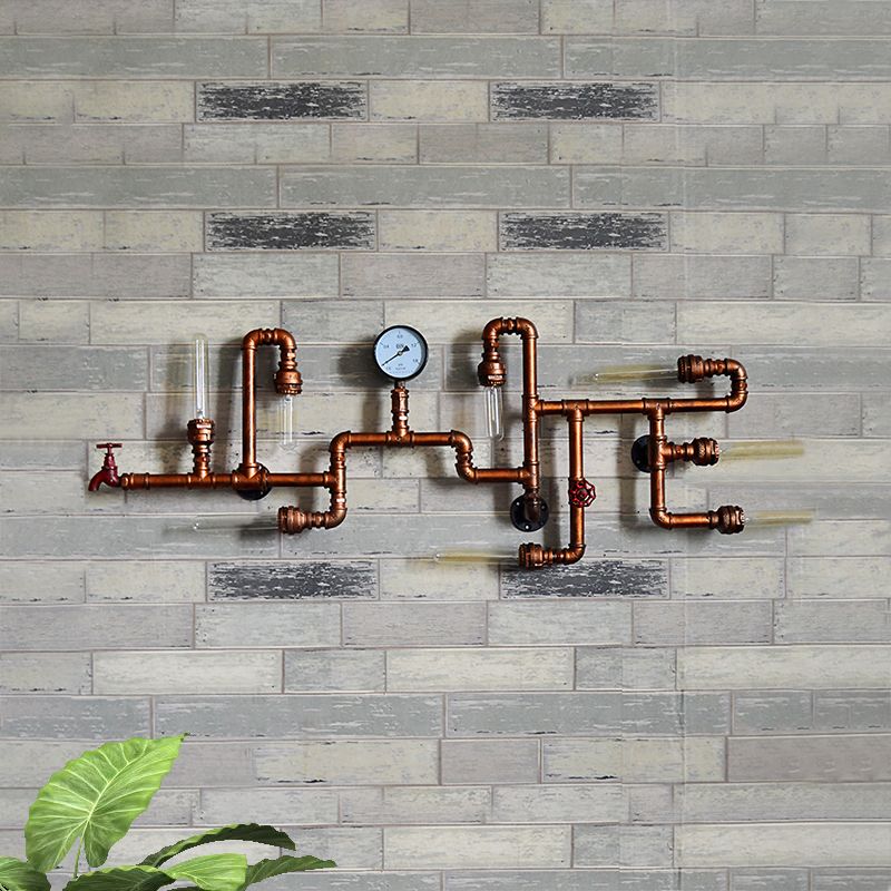 Maze Design Metal Wall Lighting with Pressure Gauge Steampunk 8-Light Bathroom Wall Sconce in Bronze