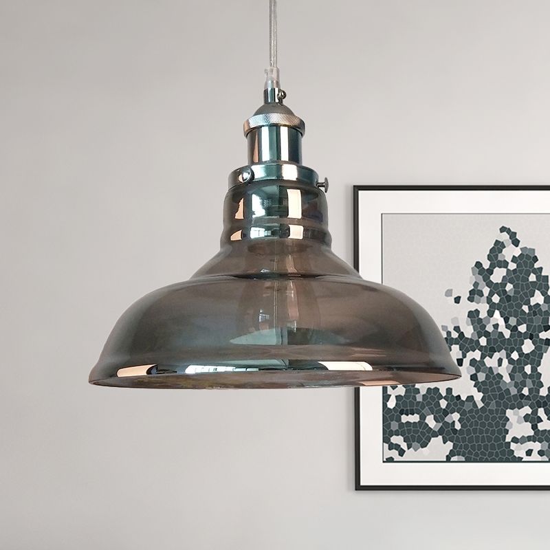 Industrial Cone/Barn Pendant Lamp 1 Light Smoked Glass Hanging Light Fixture in Chrome