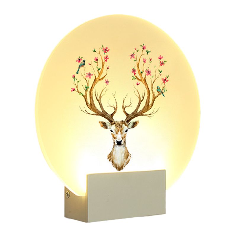 Circular Guest Room Elk Deer Mural Light Acrylic LED Oriental Style Wall Light Fixture in White